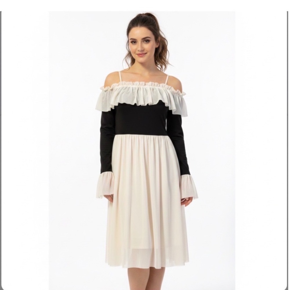 Commense Mini Dress Womens S Cream Black Off Shoulder Long Sleeve OA231213018